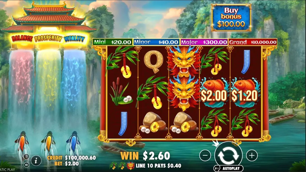 Tampilan visual slot Dragon’s Gate Bonus Choice dengan tema naga dan air terjun