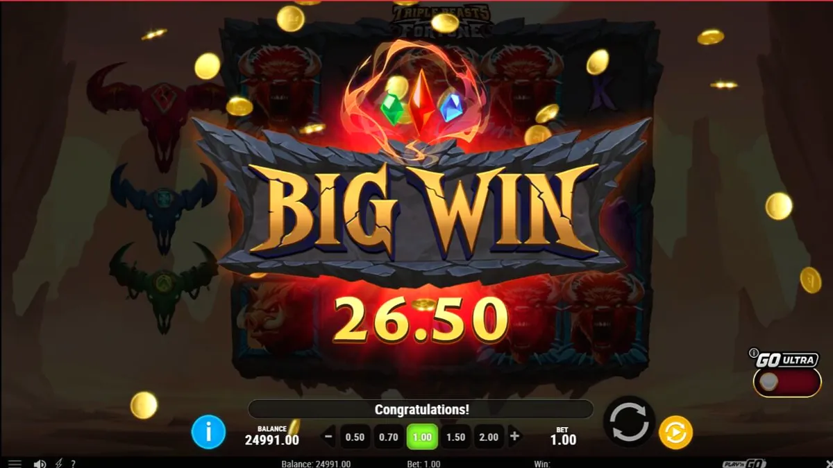 Tampilan visual slot Triple Beasts of Fortune dengan latar belakang ngarai dan simbol hewan totem.