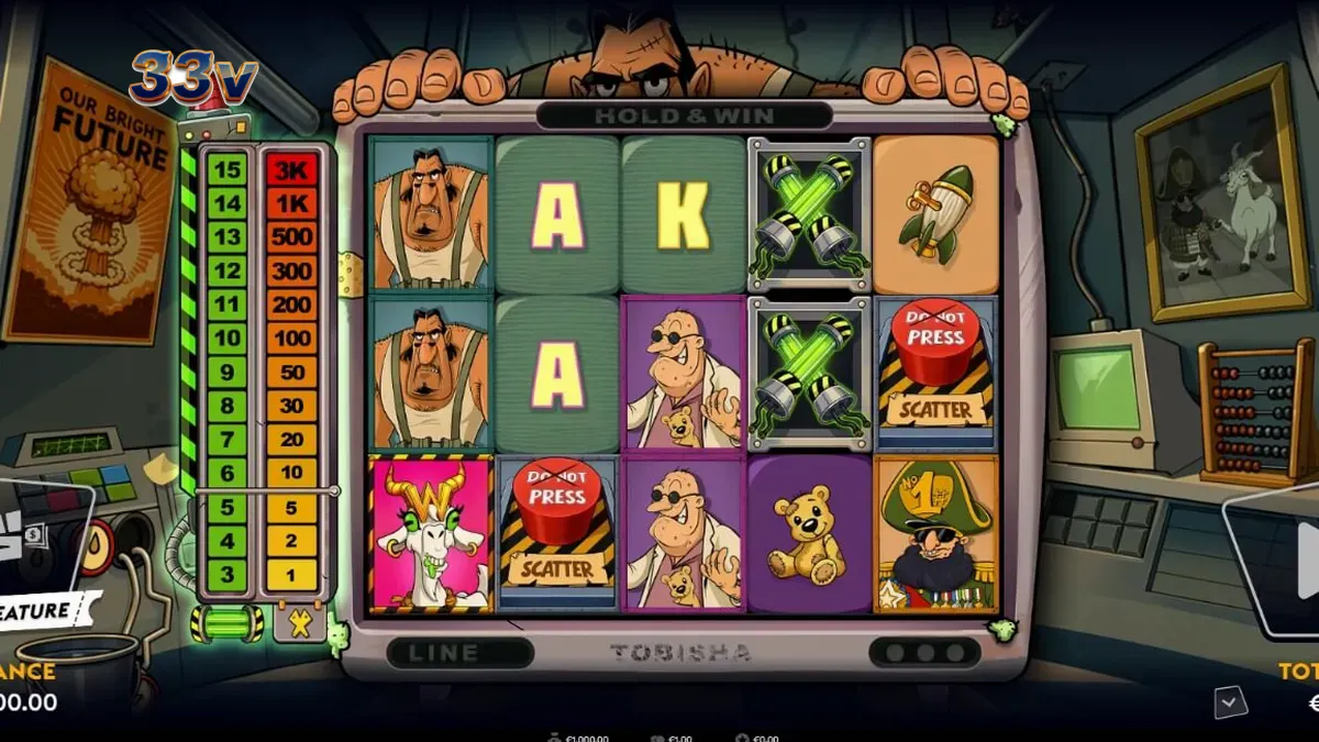Tampilan visual mesin slot Enriched dengan tema nuklir retro-futuristik